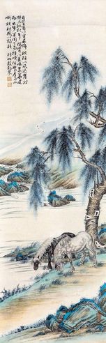 殷梓湘 清溪饮马图