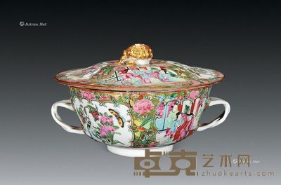 清 广彩开光花鸟人物盖碗 直径15cm
