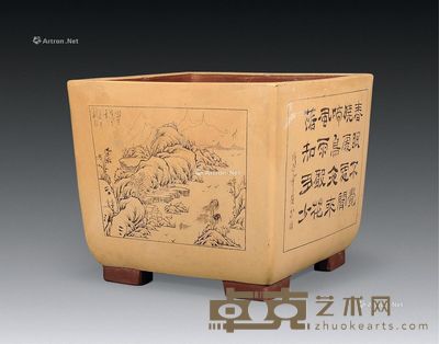 清 宜兴雕人物方盆 长24.5cm