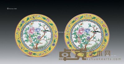 民国 粉彩花鸟盘 (一对) 直径23cm×2