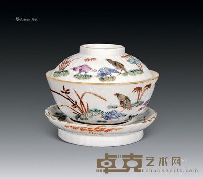 清 粉彩花鸟盖盅 直径12cm