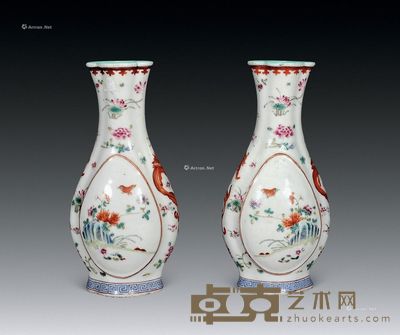 清 粉彩开光花卉双龙纹小瓶 (一对) 高21cm×2