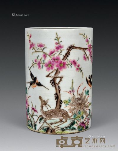 清 粉彩花鸟笔筒 高12cm