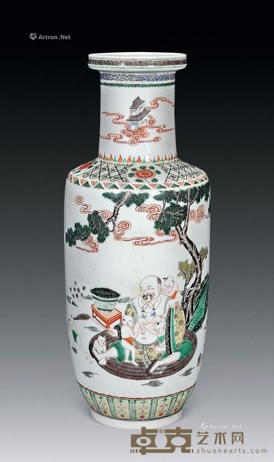民国 五彩人物棒槌瓶 高44cm