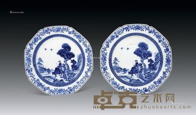 清乾隆 青花牧牛图盘 (一对) 直径22cm×2