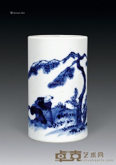 清 青花松下高仕图笔筒 高12cm