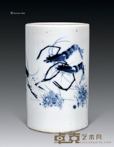 民国 青花虾趣图笔筒 高12cm