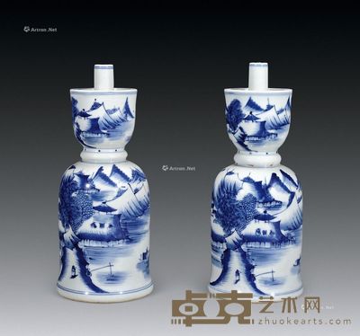 清 青花山水人物烛台 (一对) 高25cm×2