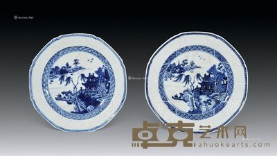 清乾隆 青花山水柳亭盘 (一对) 直径15cm×2