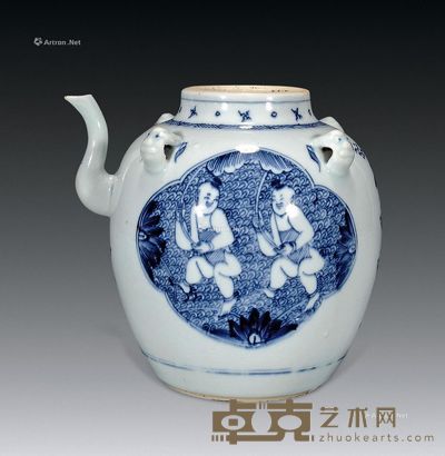 清雍正 青花开光太子戏莲壶 高18cm