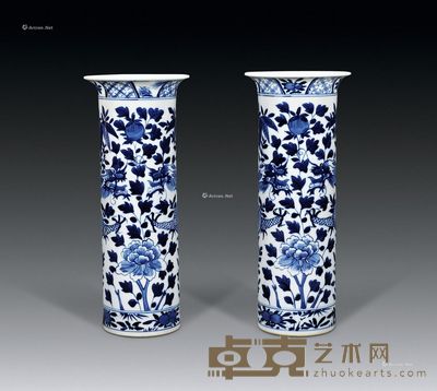 清光绪 青花龙穿牡丹花插 (一对) 高27cm×2