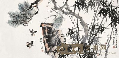 己未(1979年)作 松雀图 镜片 水墨纸本 80×36cm
