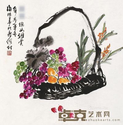 丙子(1996年)作 葡萄 镜片 设色纸本 136×69cm