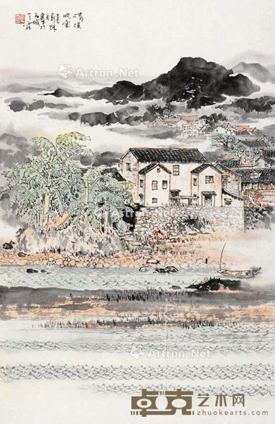 壬申(1992年)作 山村 镜片 设色纸本 68×45cm