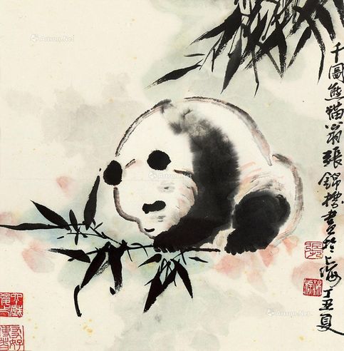 熊猫 镜框 设色纸本