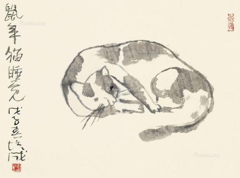 鼠年猫睡觉 立轴 水墨纸本