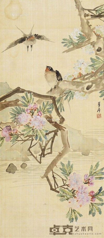 双喜图 立轴 设色绢本 81×35.5cm