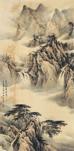 黄山松瀑图 镜片 设色纸本