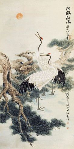 松鹤双寿 镜片 设色纸本