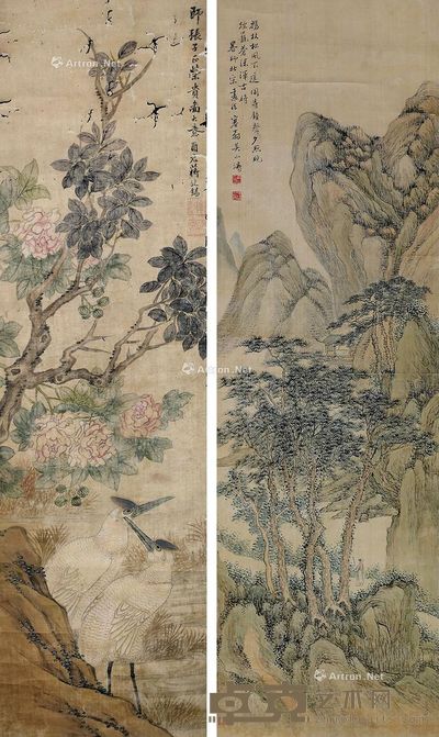 蒋廷锡 吴山涛 (款) 荣华富贵 夕照苍深 142×40cm;96×29cm