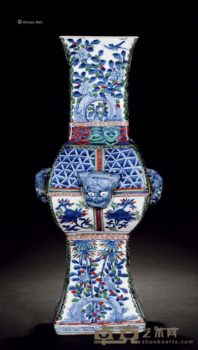 明万历 青花五彩四方铺首纹花觚 高45cm