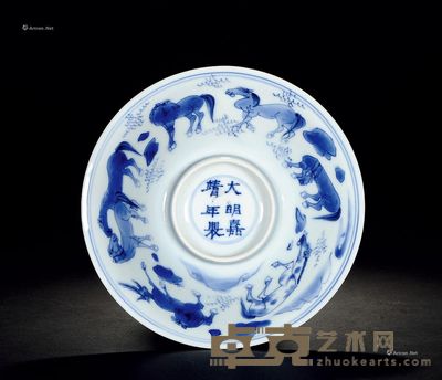 清初 青花八骏图斗笠碗 直径17cm