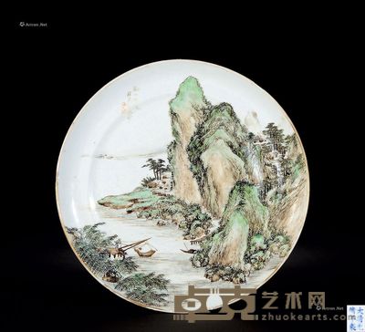 清 浅降彩“溪山渔隐”图盘 直径24cm