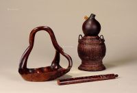 明治时期 竹刻诗文香筒、竹编葫芦酒壶、瘿木随形雕提花篮