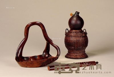 明治时期 竹刻诗文香筒、竹编葫芦酒壶、瘿木随形雕提花篮 尺寸不一