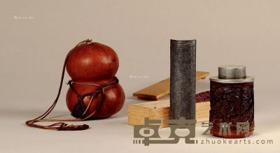清 竹雕高士图茶叶罐（镶锡口）、锡制刻诗文茶则、旧葫芦 尺寸不一