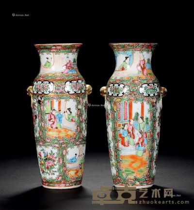 清 广彩开光人物狮耳瓶（大） （一对） 高26.3cm