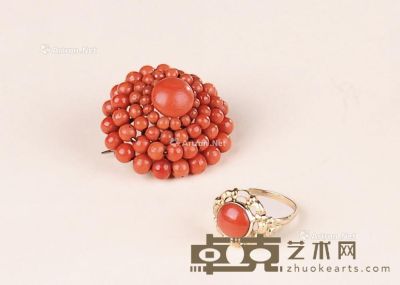 19世纪 红珊瑚胸花、戒指 （一组） 尺寸不一