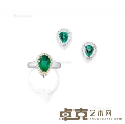 梨形祖母绿配钻石戒指及耳环套装 
