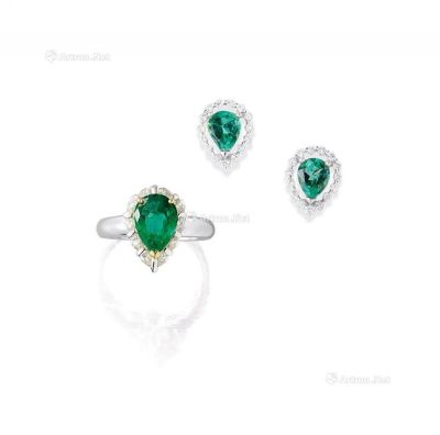 梨形祖母绿配钻石戒指及耳环套装