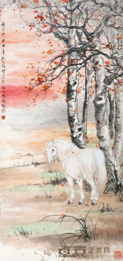 孔小瑜 红枫白马图 74.5×35cm