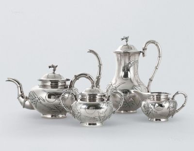 清代 银制竹纹椭圆形茶具三件套带咖啡壶