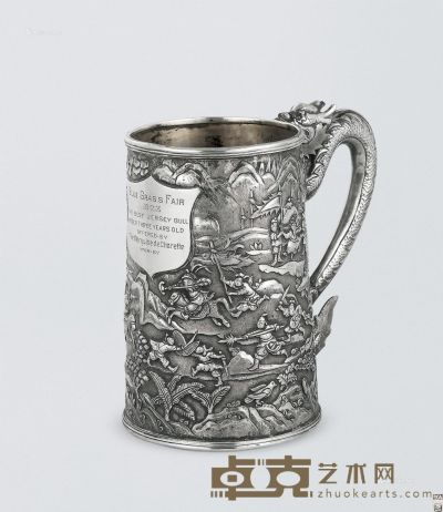 清代 银制人物龙柄马克杯 重461g；高14.5cm