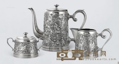 清代 银制群仙祝寿纹茶具 （三件套） 总重1001g；高17.5cm；9.2cm；8cm