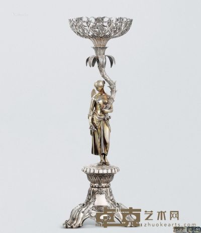 1849年作 维多利亚时期银制桌子摆设 不计玻璃碗，重2020g；高55cm