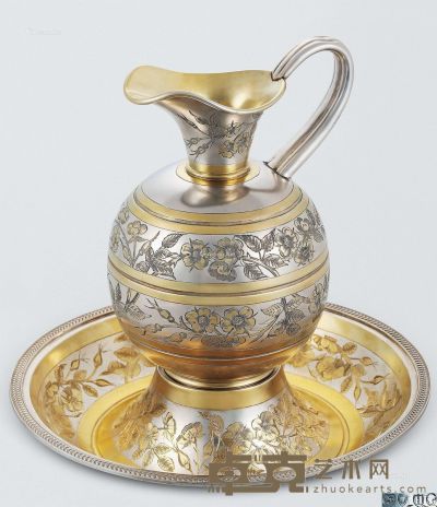 1872年作 1883年作 维多利亚时期银镶金壶和盆 重854g；高23cm
