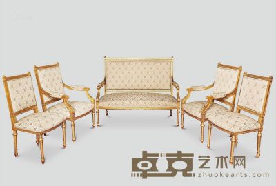 1880年作 法国路易十六风格木鎏金沙发套装 长沙发长105cm×宽127cm×高64cm；扶手椅长101cm×宽6