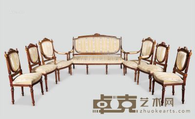 1900年作 法国路易十六风格胡桃木客厅沙发套装 长沙发高105cm×长150cm×宽70cm；扶手椅高105cm×长6