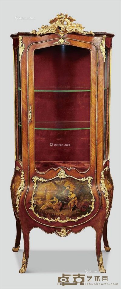 19世纪 法国路易十五风格铜鎏金贴皮马丹漆凸面珍宝柜 高174cm×长75cm×宽34cm