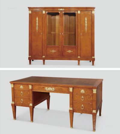 1890年作 法兰西帝国风格铜鎏金安波那木书柜及书桌