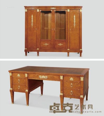 1890年作 法兰西帝国风格铜鎏金安波那木书柜及书桌 书柜高180cm×长200cm×宽40cm；书桌高80cm×长160cm