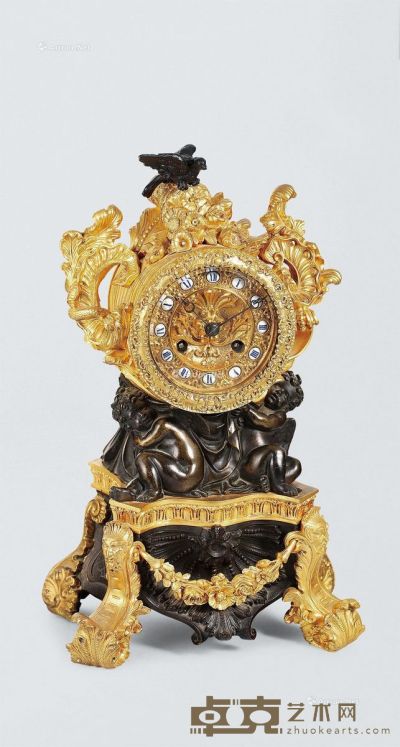 1875-1900年作 法国铜鎏金及绿铜壁炉钟 高31cm