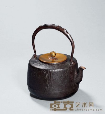 昭和时期竹纹豆角提梁沙名铁壶 高23cm