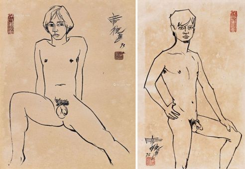 席德进 1973年作 裸男 （共两件） 水墨?纸本