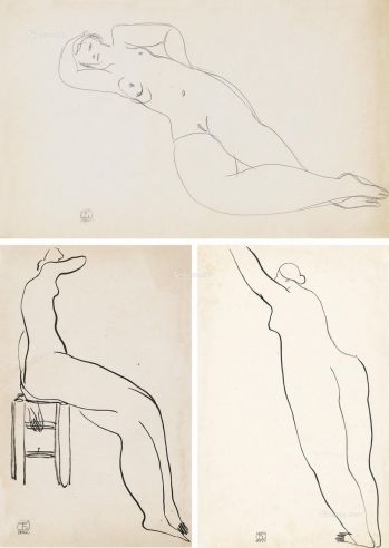 常玉 躺着的裸女；坐着的裸女；及站着的裸女 （共两件） 水墨?纸本、铅笔?纸本