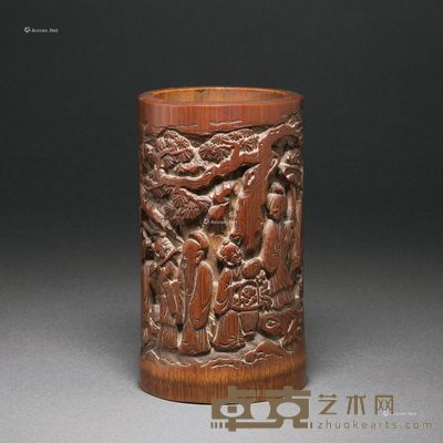 清代 竹雕八仙人物笔筒 高13.6cm